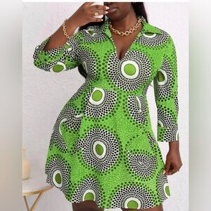 SHEIN Green Black Retro Print Dress Size 14 (1XL)